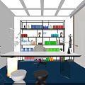 Modern Office Interior With Blue Carpet White Desk Chair Bookshelf And Green Plant