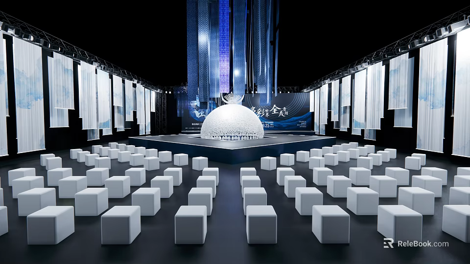 Modern Conference Hall Featuring White Cube Seats Central Spherical Installation And Blue Decorations 3d model 