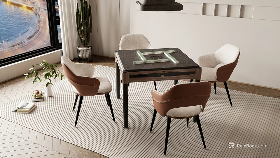 Modern Entertainment Table With Four Brown And White Chairs In Stylish Living Room Interior 3d model 