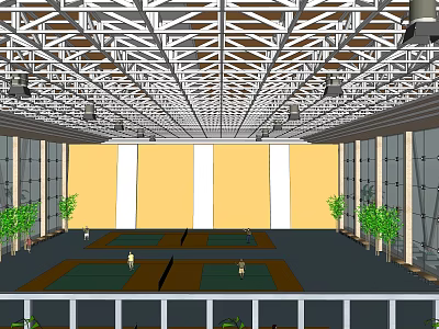 Indoor Sports Fitness Training Area With Green Mats Metal Ceiling And Glass Windows 3d model