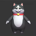 3D Cartoon Cat With Gray White Fur Red Collar Golden Bell Standing On Black Background