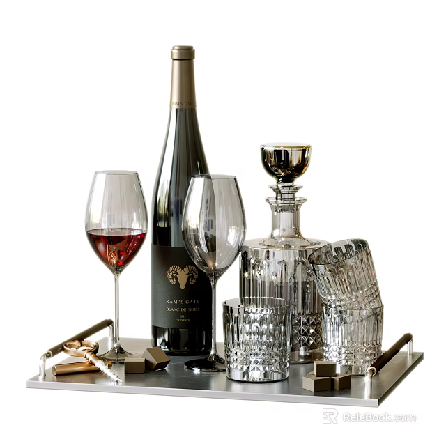 Elegant Wine Bottle and Wine Glasses With Decanter Crystal Glasses And Metal Tray Arrangement 3d model 