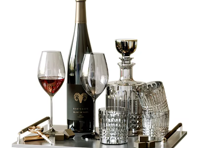 Elegant Wine Bottle and Wine Glasses With Decanter Crystal Glasses And Metal Tray Arrangement 3d model