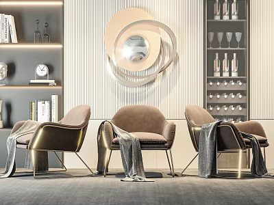 Three Elegant Modern Leisure Chairs Interior Design With Metal Legs Throws And Decorative Mirror 3d model