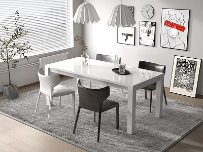 White Dining Table Set With Chairs Pendant Lights Wall Art And Potted Plant 3d model