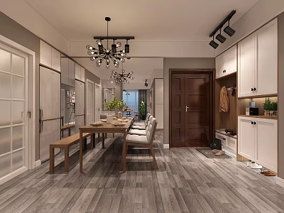 Modern Restaurant Interior With Open Design Wooden Dining Table Chairs Chandelier And Wood Flooring 3d model