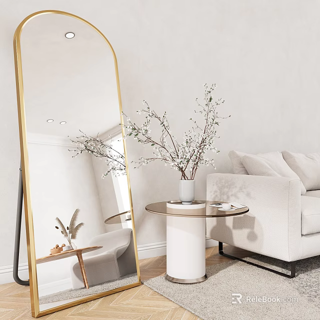 Large Gold Frame Mirror in Modern Living Room with Vase Plant and Sofa Decor 3d model 