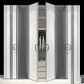 Modern Luxury Wardrobe Design With White Striped Doors Gold Handles And Hanging Space