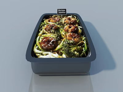 Black Flat Door Lunch Box With Teriyaki Chicken Vegetables And Label 3d model