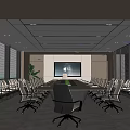 Modern Conference Room Interior With Long Meeting Table Large Screen Blinds And Comfortable Chairs