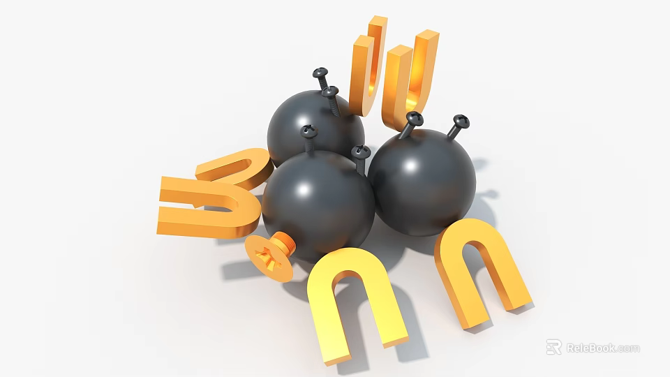 Creative Modern Art Installation with Black Spheres Yellow U Shaped Magnets and Letters 3d model 