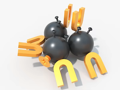Creative Modern Art Installation with Black Spheres Yellow U Shaped Magnets and Letters 3d model