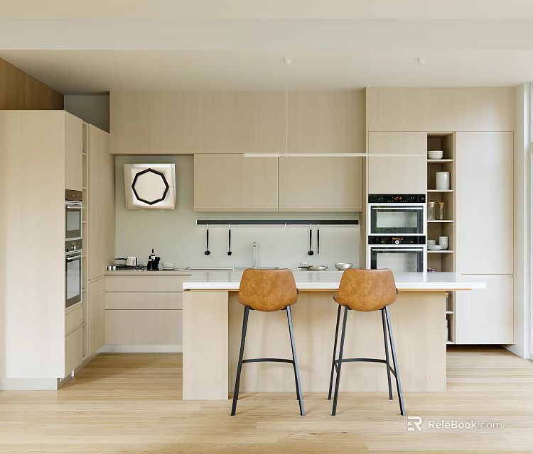 Bright Minimalist Light Wood Dining Restaurant Interior With Functional Kitchen Island And Stylish Bar Stools 3d model 