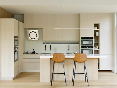 Bright Minimalist Light Wood Dining Restaurant Interior With Functional Kitchen Island And Stylish Bar Stools 3d model