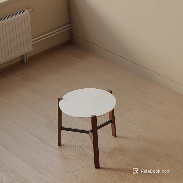 Round Side Table with White Marble Top and Wooden Legs on Light Wood Floor 3d model 