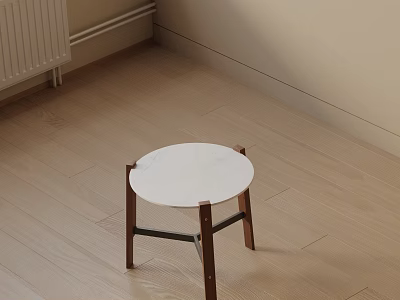Round Side Table with White Marble Top and Wooden Legs on Light Wood Floor 3d model