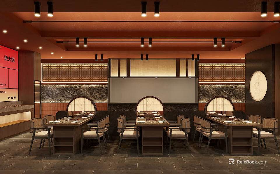 Traditional Chinese Hotpot Restaurant Interior With Wooden Tables Warm Lighting And Decorative Elements 3d model 