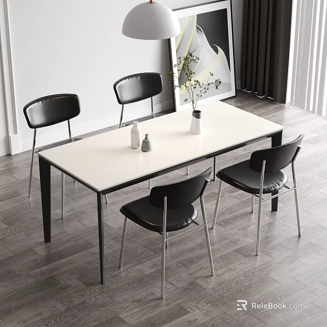 Modern Dining Table Set With White Tabletop Black Chairs And Minimalist Interior Decor 3d model 