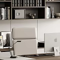 Modern Minimalist Study Room Desk And Chair Set With Bookshelf Laptop And Table Lamp