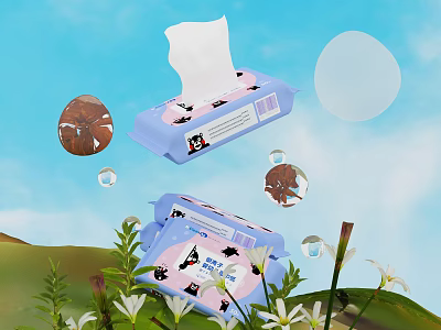 Colorful Cartoon Cat Pattern Tissue Box with Green Plants White Flowers Under Blue Sky 3d model
