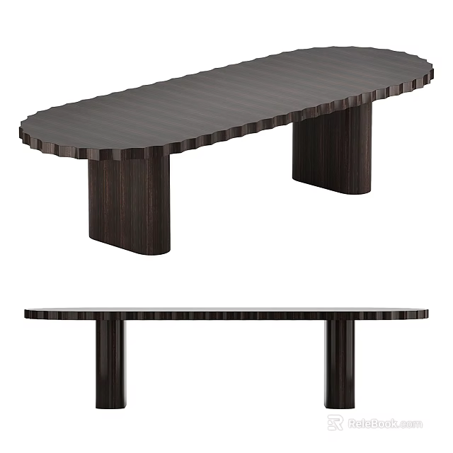 Modern Dark Wooden Dining Table With Oval Striped Surface And Cylindrical Legs 3d model 