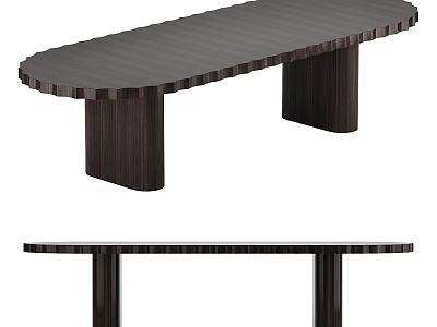 Modern Dark Wooden Dining Table With Oval Striped Surface And Cylindrical Legs 3d model