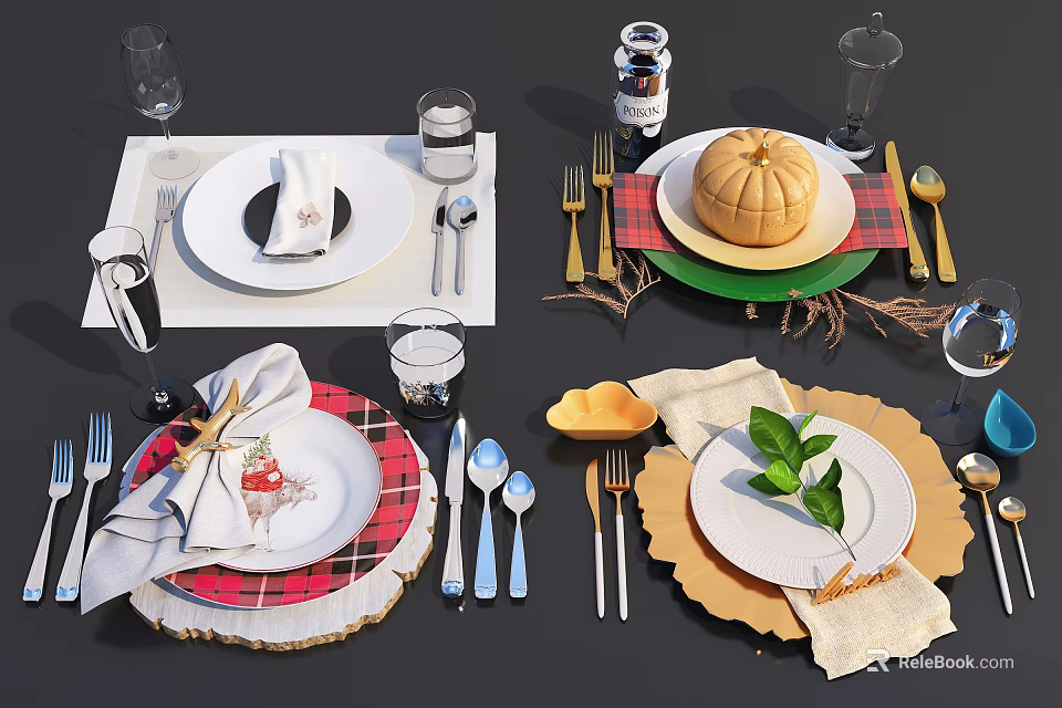 Elegant Tableware Set With Plaid Placemats Plates Cutlery Napkins And Decorative Pumpkin Leaves 3d model 