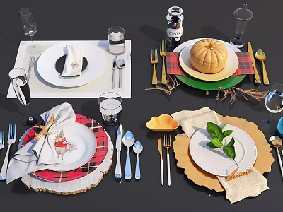 Elegant Tableware Set With Plaid Placemats Plates Cutlery Napkins And Decorative Pumpkin Leaves 3d model
