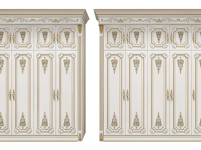 Elegant Classical White Wardrobe With Gold Trim And Intricate Carved Patterns 3d model