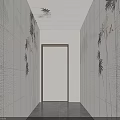 White Textured Background Wall With Grid Lines And Bamboo Leaf Decor In Corridor 3d model