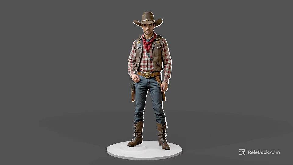 Cowboy Game Character 3D Model With Plaid Shirt Vest Holster And Boots 3d model 