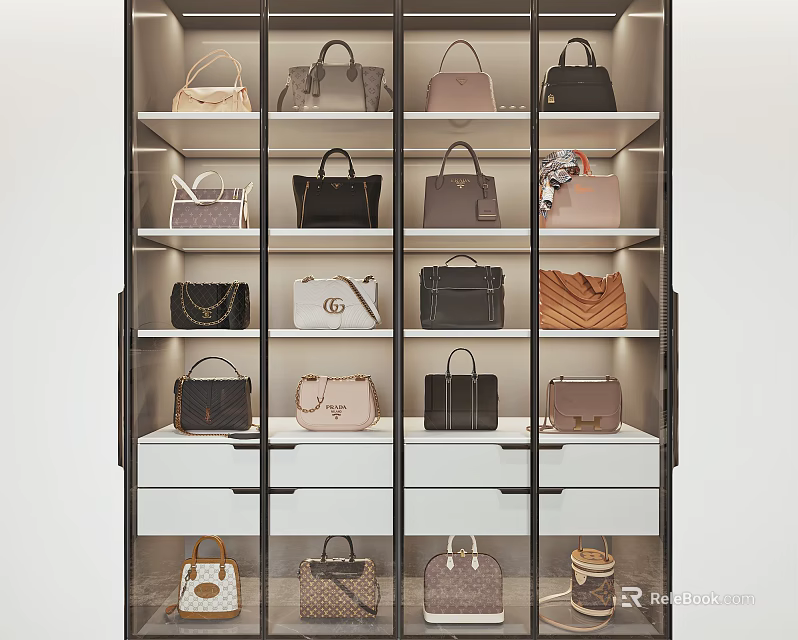 Various Stylish Designer Handbags Displayed On Glass Shelf With Multiple Layers 3d model 