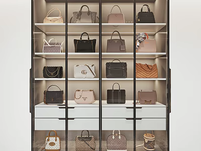 Various Stylish Designer Handbags Displayed On Glass Shelf With Multiple Layers 3d model