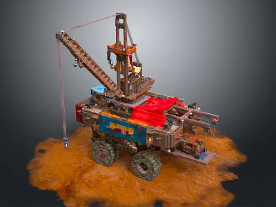 Mechanical Construction Vehicle With Red Blue Body And Crane Arm On Sandy Ground 3d model