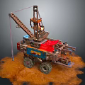 Mechanical Construction Vehicle With Red Blue Body And Crane Arm On Sandy Ground