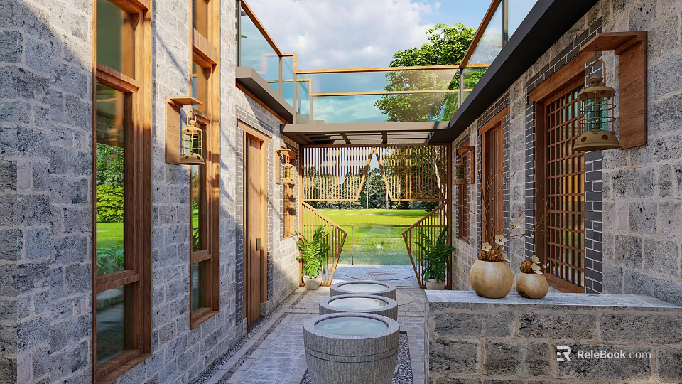 Traditional Chinese Boutique Guesthouse Architecture With Brick Walls Wooden Frames Lattice Windows And Courtyard Stone Basins 3d model 