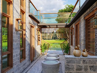 Traditional Chinese Boutique Guesthouse Architecture With Brick Walls Wooden Frames Lattice Windows And Courtyard Stone Basins 3d model