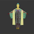 Woman Wearing Dark Long Dress with Green and Yellow Sleeves and Headpiece