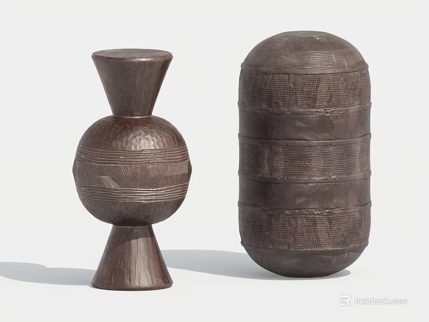Unique Ceramic Vessels With Textured Surfaces Tall Base And Striped Cylindrical Design 3d model 