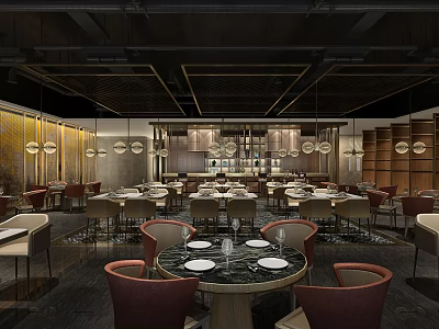 Elegant Restaurant Interior With Round Dining Tables Red Chairs And Pendant Lights 3d model