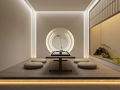 Modern Zen Tea Room Interior Featuring Circular Window Tea Table And Floor Cushions 3d model