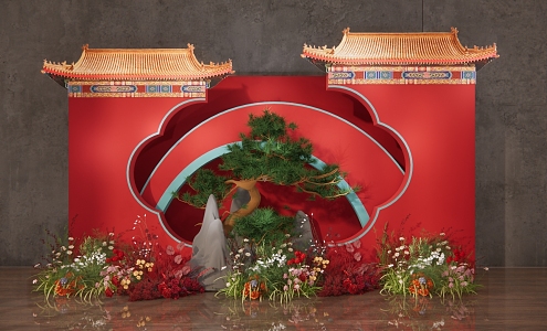 Chinese wedding red wedding Chinese eaves pine red floral welcome area rockery ceremony area Chinese engagement exhibition area photo area 3d model