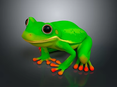 Vibrant Green Reptile With Large Eyes Orange Toes And Spots On Shiny Black Surface 3d model
