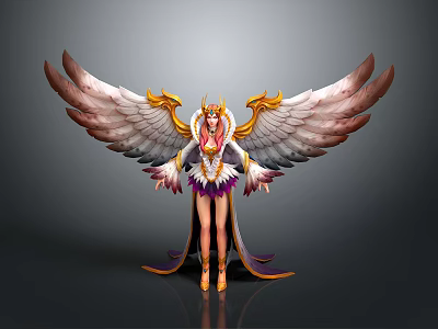 Mythical Female Character With Large Pink White Wings And Golden Headdress 3d model