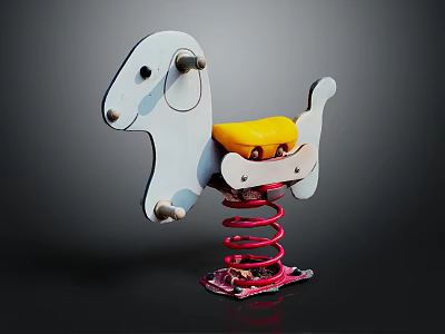 Children's White Rocking Horse With Yellow Seat And Red Spring Base 3d model