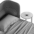 Modern Upholstered Double Bed with Quilted Gray Headboard White Pillows and Wooden Legs