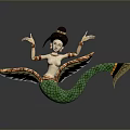 Winged Mythical Female Character With Green Scaled Mermaid Tail Outstretched Arms And Ornate Details