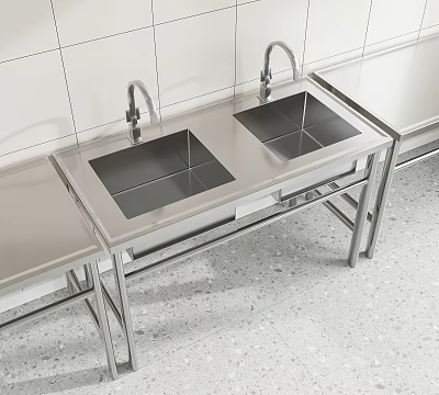 Stainless Steel Double Bowl Kitchen Sink With Metal Stand And Faucets 3d model