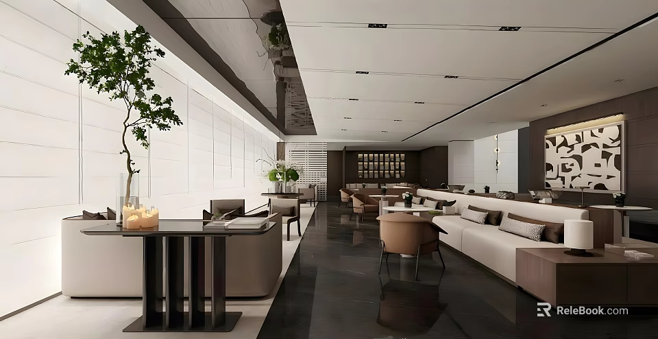 Modern Sales Office Interior Design With Green Plants Comfortable Sofas Tables And Sleek Flooring 3d model 