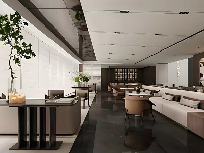 Modern Sales Office Interior Design With Green Plants Comfortable Sofas Tables And Sleek Flooring 3d model